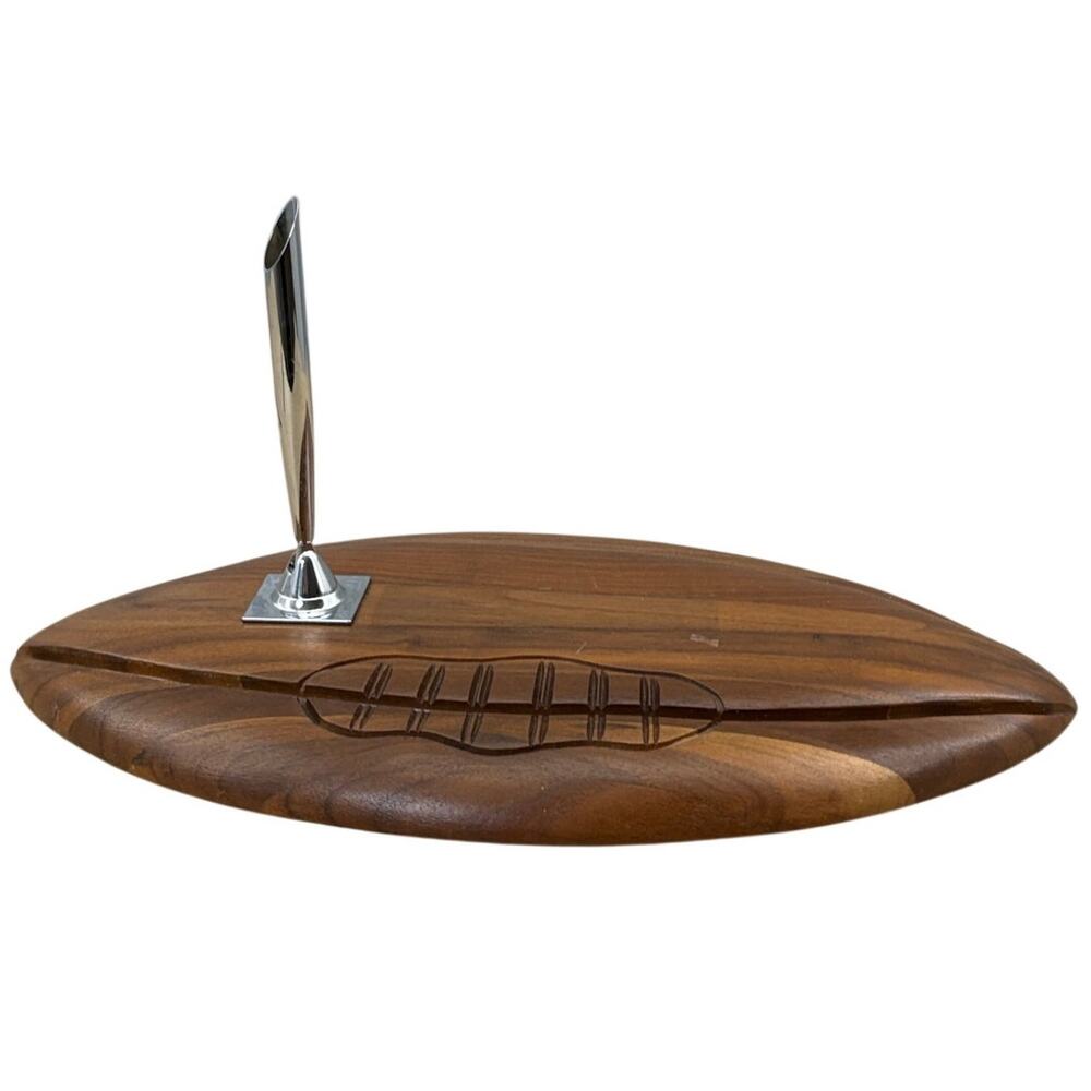 Vintage 60s Desk Pen Holder Football Decor Fame Walnut Wood 11.5"